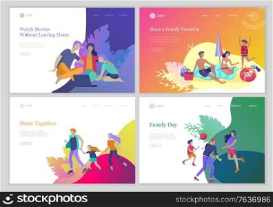 landing pages set with Collection of family hobby activities. Mother, father and children sunbathing, swimming, hiking, traveling, preparing barbecue together. Cartoon vector illustration. Collection of family activities. Mother, father and children sunbathing, swimming, hiking, traveling, preparing barbecue together. Cartoon vector