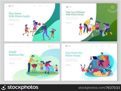 landing pages set with Collection of family hobby activities. Mother, father and children sunbathing, swimming, hiking, traveling, preparing barbecue together. Cartoon vector illustration. Collection of family activities. Mother, father and children sunbathing, swimming, hiking, traveling, preparing barbecue together. Cartoon vector