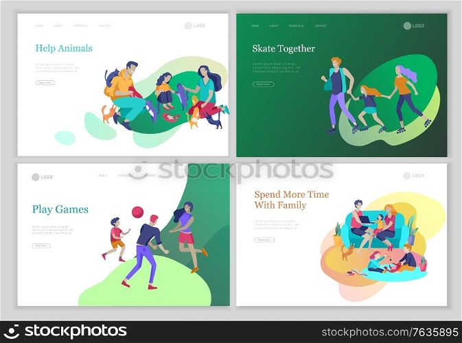 landing pages set with Collection of family hobby and activities. Mother, father and children play with cats, collect garbage for recycling, clinning home, relaxing with with gadgets at home. Collection of family hobby and activities. Mother, father and children play with cats, collect garbage for recycling, clinning home, relaxing with with gadgets at home. Cartoon vector