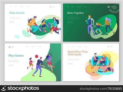 landing pages set with Collection of family hobby and activities. Mother, father and children play with cats, collect garbage for recycling, clinning home, relaxing with with gadgets at home. Collection of family hobby and activities. Mother, father and children play with cats, collect garbage for recycling, clinning home, relaxing with with gadgets at home. Cartoon vector
