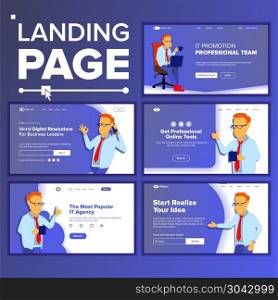 Landing Set Main Web Page Design Vector. Website Business Concept. Template. Working Team. Corporate. Illustration. Landing Website Page Vector. Business Website. Web Page. Landing Design Template. Processes And Office Situation. Support Solution. Group Meeting. Product Testimonial. Illustration