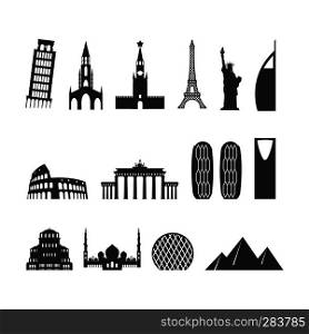 Landmark travel set. silhouette Architectural monuments. Known state of building. Eiffel Tower, and Moscow Kremlin. Leaning Tower and Statue of Liberty in USA. Egyptian pyramids and Roman Colosseum. mosque Abu Dhabi and Brandenburg Gate in Berlin. Berne Cathedral to Switzerland and Church Of St. Alexander Nevsky in Bulgaria