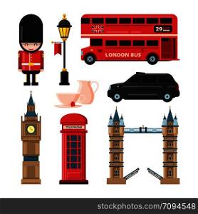 Landmarks and different culture objects of london. Travel landmark england culture and tourism. Vector illustration. Landmarks and different culture objects of london