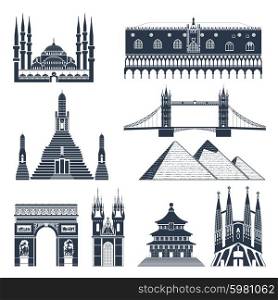 Landmarks and monuments black flat icons set isolated vector illustration. Landmarks And Monuments Black Set