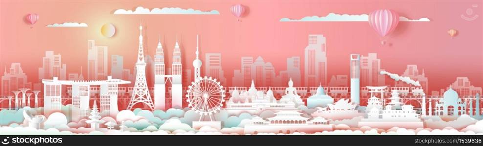 Landmarks Asia travel downtown cityscape skyline and asean tourism,Traveling landmark city capital by balloon and train,Travel world to Asia, For poster and postcard,Vector illustration origami paper.