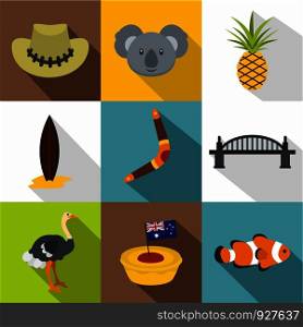 Landmarks of Australia icon set. Flat style set of 9 landmarks of Australia vector icons for web design. Landmarks of Australia icon set, flat style