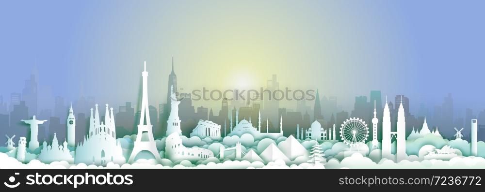 Landmarks of the world with city and sunset background, Travel around the world to France,England,Spain,Italy,Egypt,America,Europe and Asia with paper cut and style for travel poster and postcard.