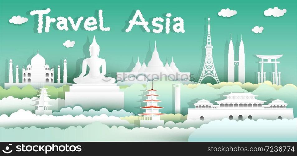 Landmarks of the world with city and tourism asia background, Travel around the world to Japan, China, Thailand, Malaysia, Asia with paper cut with style for travel poster and postcard.