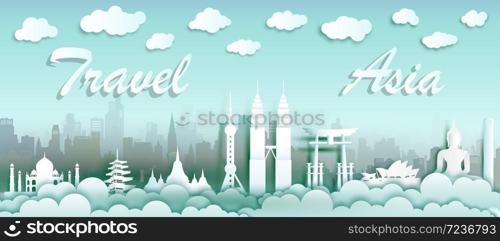 Landmarks of the world with city and tourism asia background, Travel around the world to Japan, China, Thailand, Malaysia, Asia with paper cut with style for travel poster and postcard.
