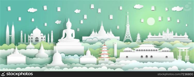 Landmarks of the world with festival and tourism asia background, Travel around the world to Japan, China, Thailand, Malaysia, Asia with paper cut with style for travel poster and postcard.