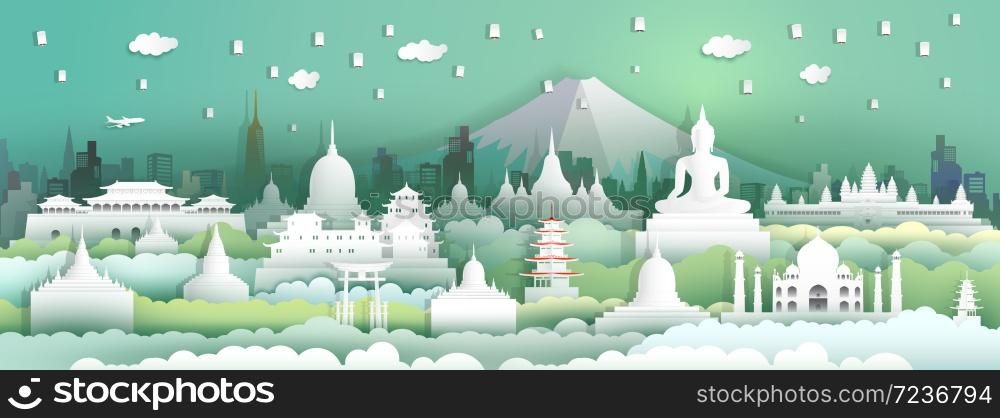 Landmarks of the world with festival in city and tourism asia background, Travel around the world to Japan, China, Thailand, india, Asia with paper cut with style for travel poster and postcard.