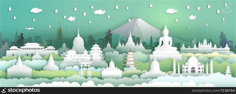 Landmarks of the world with festival in city and tourism asia background, Travel around the world to Japan, China, Thailand, india, Asia with paper cut with style for travel poster and postcard.