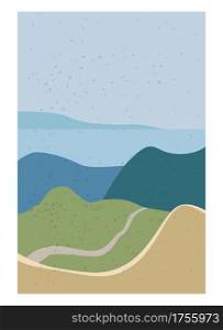 Landscape Abstract Modern Contemporary background sea ocean. Mountains, hills, waves shapes. Vector illustration trendy art flat minimalist style template banner poster. Landscape Abstract Modern Contemporary background sea ocean. Mountains, hills, waves shapes. Vector illustration trendy art flat minimalist style template banner poster decor