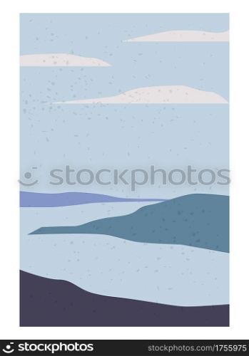 Landscape Abstract Modern Contemporary background sea ocean. Mountains, hills, waves shapes. Vector illustration trendy art flat minimalist style template banner poster. Landscape Abstract Modern Contemporary background sea ocean. Mountains, hills, waves shapes. Vector illustration trendy art flat minimalist style template banner poster decor