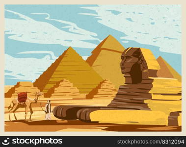 landscape Ancient Sphinx, Egypt Pharaoh Pyramids. Travel to Egypt Country, Sahara desert. Retro card illustration vector isolated. Landscape Ancient Sphinx, Egypt Pharaoh Pyramids. Travel to Egypt Country, Sahara desert. Retro card illustration vector