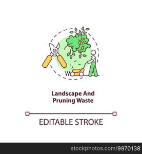 Landscape and pruning waste concept icon. Organic waste type idea thin line illustration. Removing plants and weed from landscape. Vector isolated outline RGB color drawing. Editable stroke. Landscape and pruning waste concept icon