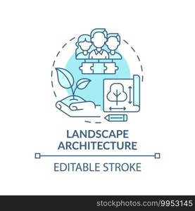 Landscape architecture concept icon. Co-design application field idea thin line illustration. Achieving environmental and aesthetic outcomes. Vector isolated outline RGB color drawing. Editable stroke. Landscape architecture concept icon