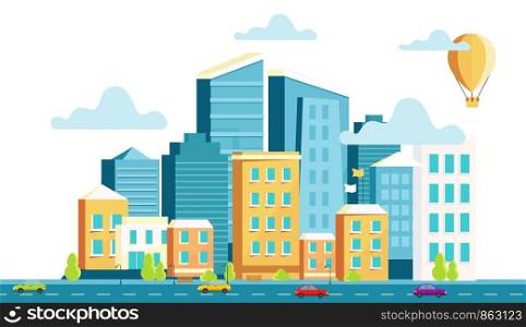 Landscape architecture of the modern city. Vector illustration of panorama of the city with skyscrapers, street, road with cars. The concept of construction, architecture, design.