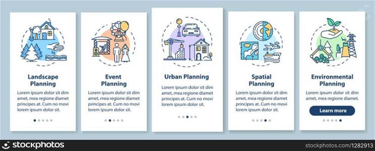 Landscape architecture onboarding mobile app page screen with concepts. Environmental planning walkthrough 5 steps graphic instructions. UI vector template with RGB color illustrations