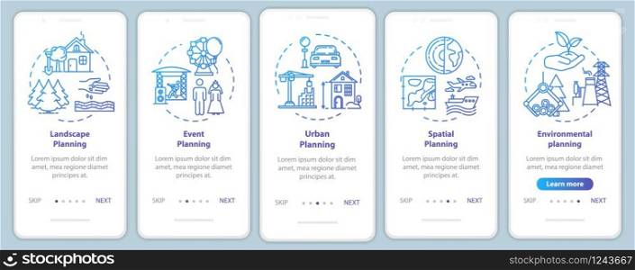 Landscape architecture onboarding mobile app page screen with concepts. Entertainment. City planning walkthrough 5 steps graphic instructions. UI vector template with RGB color illustrations