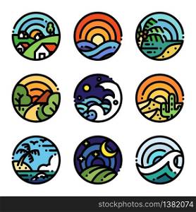Landscape art colour illustration in round shape. Line view icons.