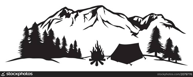 Landscape - camping in mountains (tourist tent and campfire) vector illustration