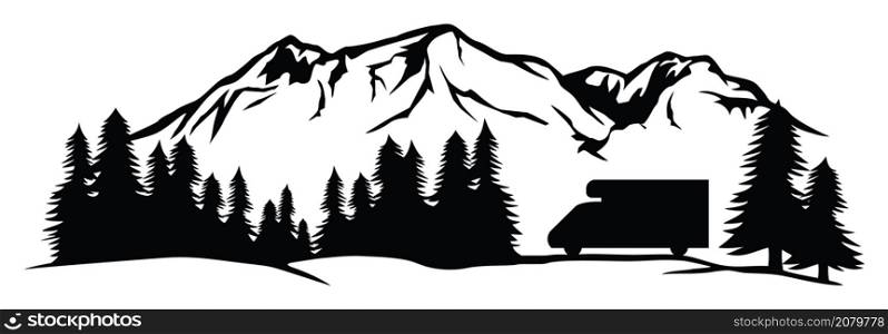 Landscape - camping in mountains with truck camper vector illustration