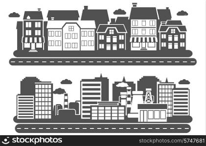 Landscape city industrial and urban building black horizontal banner set isolated vector illustration