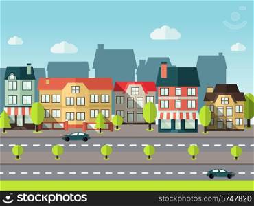 Landscape city panoramic view background with urban town buildings vector illustration