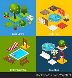 Landscape design concept set with green garden outdoor recreation and decoration isometric icons isolated vector illustration. Landscape Isometric Design