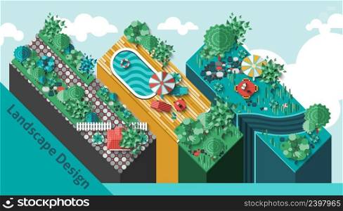 Landscape design concept with top view outdoor gardening elements vector illustration