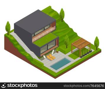 Landscape design isometric composition with outdoor view of modern villa and decorated backyard with green terrain vector illustration