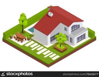 Landscape design isometric composition with view of residential yard with house and backyard with modern decorations vector illustration