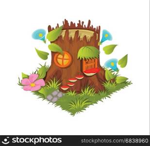 Landscape Design or Game Object Set in Colorful Detailed Vector Web, Illustration, Banner or Game. Isometric Cartoon Fantasy Tree Stump Village House - Element for Tileset Map