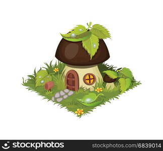 Landscape Design or Game Object Set in Colorful Detailed Vector Web, Illustration, Banner or Game. Isometric Cartoon Fantasy Mushroom Village House - Element for Tileset Map