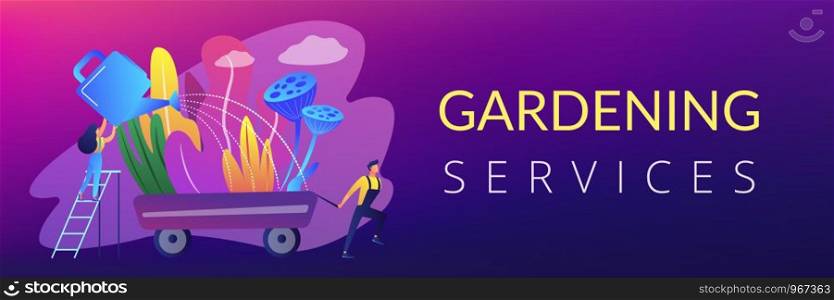 Landscape designer and gardener watering decorative plants on cart with water can. Landscape design, landscape planning, gardening services concept. Header or footer banner template with copy space.. Landscape design concept banner header.