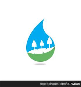 Landscape drop water design logo. Nature water sign. Organic food and drink label. Farm stamp.
