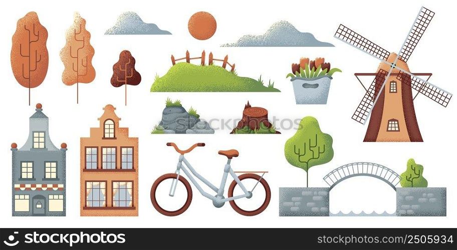 Landscape elements. Rural nature objects, bridge and house. City bike, flower bouquet, tree and green hills with wooden fence, vector set. Illustration of stone bridge shape, mill farming and bicycle. Landscape elements. Rural nature objects, textured bridge and house. City bike, tulips flower bouquet, tree and green hills with wooden fence, swanky vector set