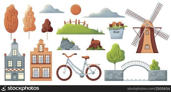 Landscape elements. Rural nature objects, bridge and house. City bike, flower bouquet, tree and green hills with wooden fence, vector set. Illustration of stone bridge shape, mill farming and bicycle. Landscape elements. Rural nature objects, textured bridge and house. City bike, tulips flower bouquet, tree and green hills with wooden fence, swanky vector set