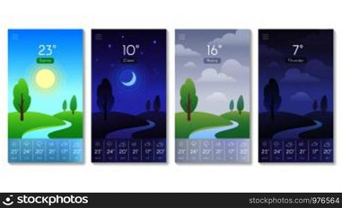 Landscape for weather app. Beautiful daytime sky with sun, moon at night noon and rainy clouds. Morning and day interface background for mobile screen vector concept isolated icons set. Landscape for weather app. Beautiful daytime sky with sun, moon and clouds. Morning and day background for mobile screen vector concept