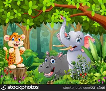 Landscape forest cartoon of green with wild animal
