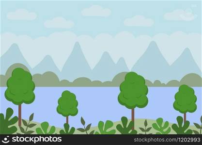 Landscape from fantasy compositions. Sea with mountains and trees in a minimal style. Flat design, vector illustration.