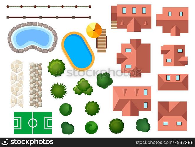 Landscape, garden and architectural elements with houses, swimming pools, treetops, bushes, steps and borders isolated on white. Vector set of architectural and garden elements