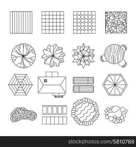 Landscape garden design elements set line. Outdoor patio tiles flower beds and sitting areas design elements black line collection abstract isolated vector illustration