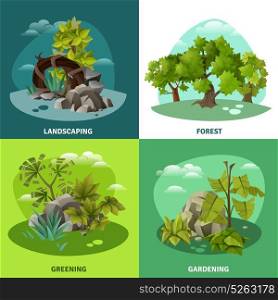 Landscape Gardening 4 Flat Icons Concept. Landscape gardening 4 flat icons concept with forest tropical trees and front yard compositions isolated vector illustration