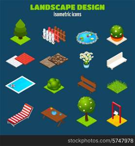Landscape gardening outdoors design isometric icons set isolated vector illustration