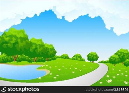 Landscape - green hill with tree lake and cloudscape