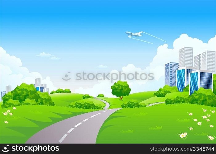 Landscape - green hills with tree and cityscape