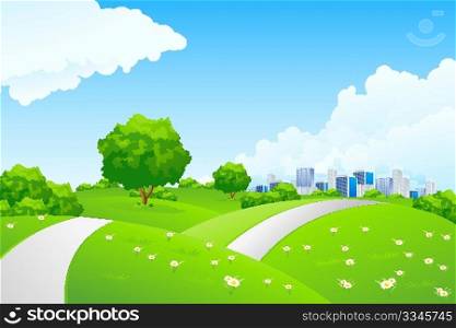 Landscape - green hills with tree and cityscape