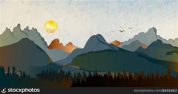Landscape hills abstract art watercolor painting background with sun and birds flying on mountains range, Vector modern landscape paintings banner for decoration design, wallpaper, illustration